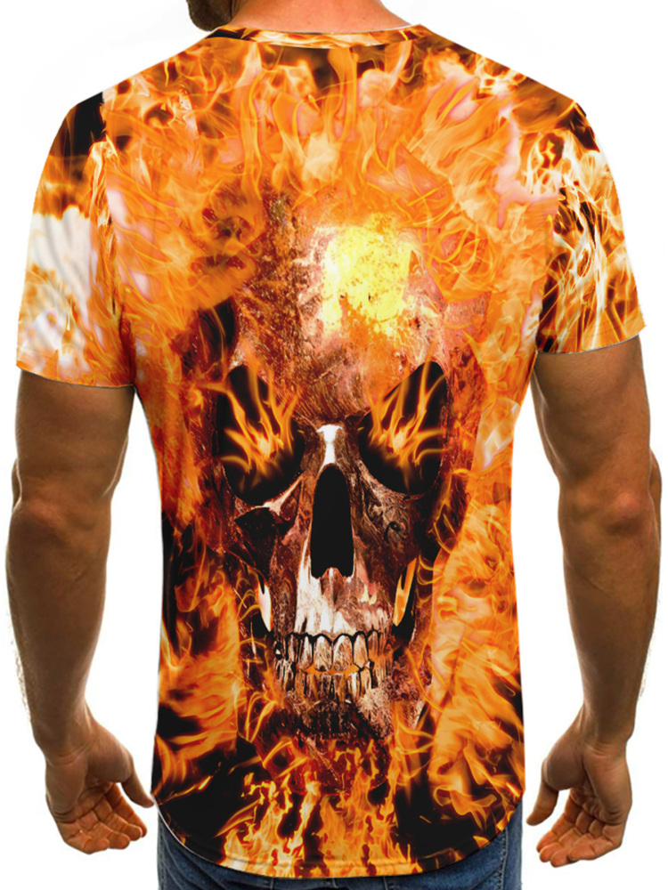 Men's T-shirt flaming skull 3D digital pattern T-shirt, summer breathable quick-drying street hip-hop casual sportswear