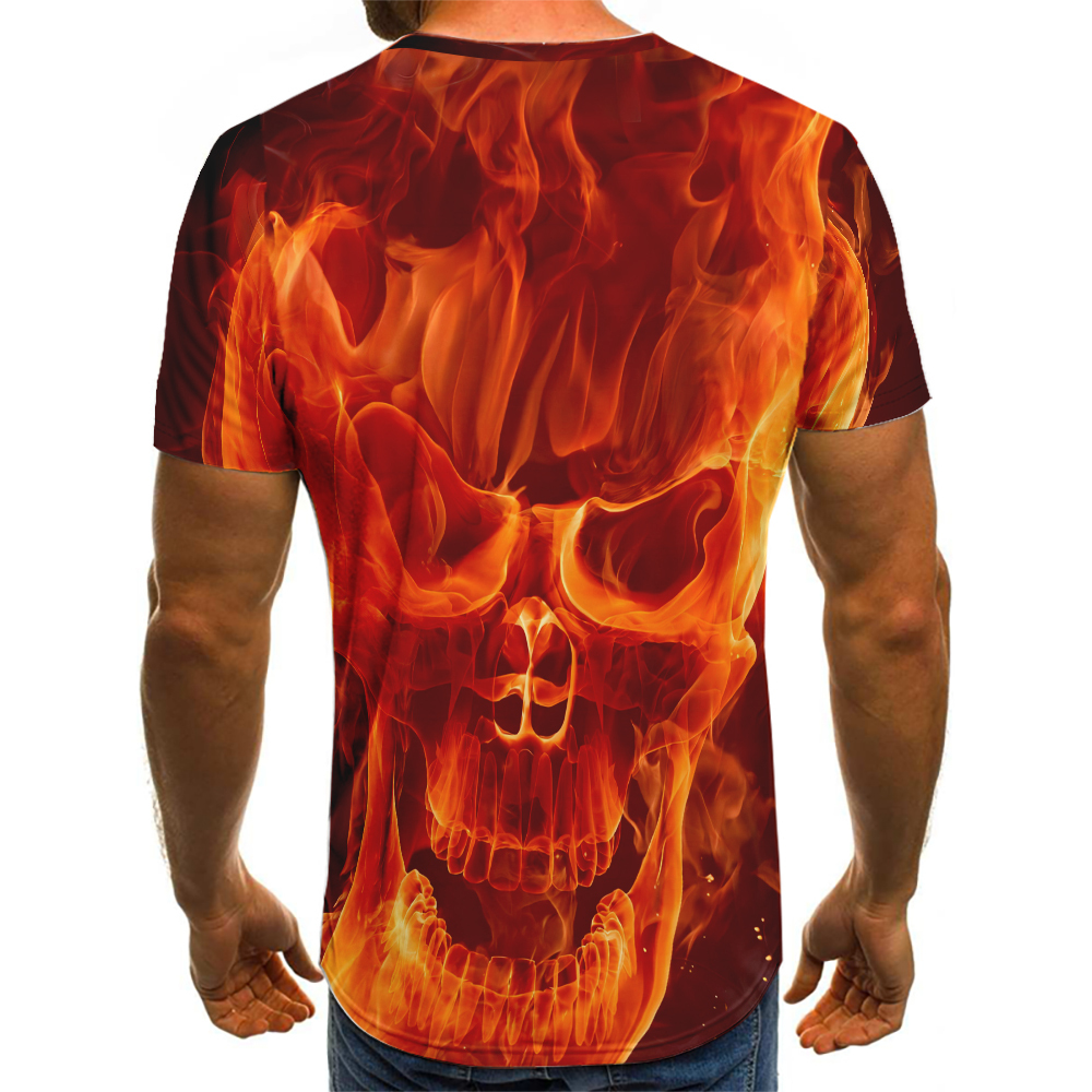 Men's T-shirt flaming skull 3D digital pattern T-shirt, summer breathable quick-drying street hip-hop casual sportswear