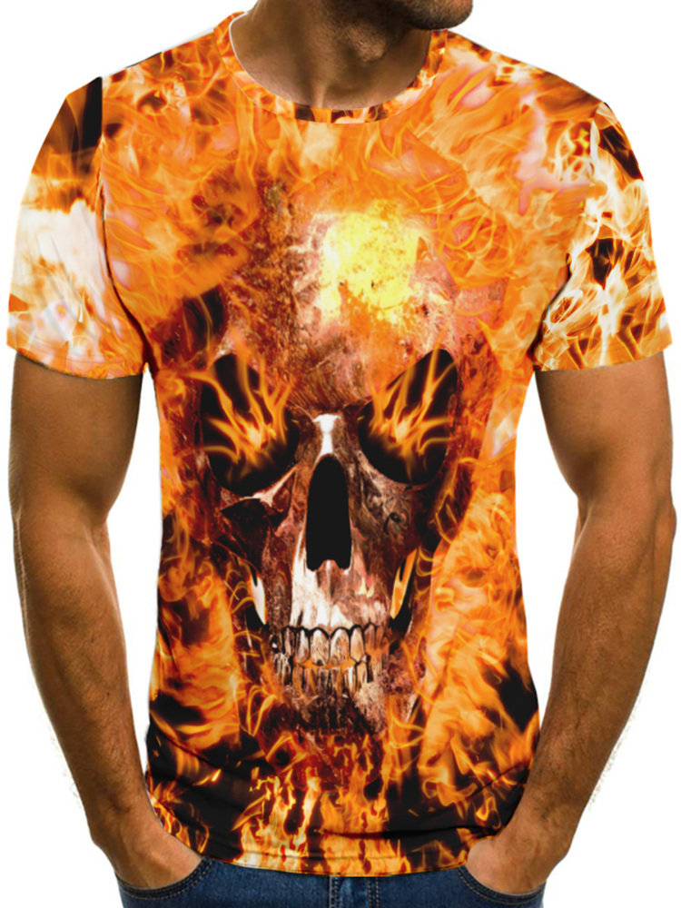 Men's T-shirt flaming skull 3D digital pattern T-shirt, summer breathable quick-drying street hip-hop casual sportswear