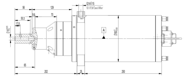 External grinding spindle 150ZD20G3.7:Rotation seed,20000RPM Power,3.7Kw Torque,4.5Nm Voltage,350V Frequency,667Hz Current,18A   Lubrication Grease  Cooling method Water