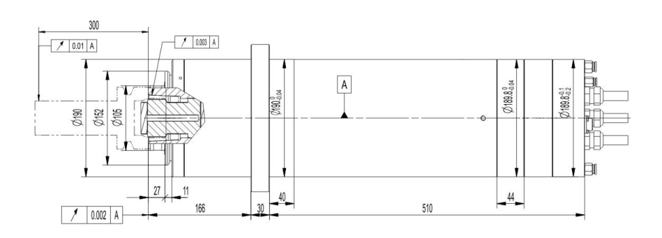 Vertical grinding spindle 190XDJ08G50/HC100:Rotation seed,8000RPM Power,52.5Kw Torque,100Nm Voltage,380V Frequency,400Hz Current,119A  Lubrication Grease  Cooling method Water