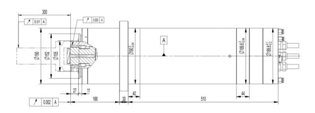 Vertical grinding spindle 190XDJ08G50/HC100:Rotation seed,8000RPM Power,52.5Kw Torque,100Nm Voltage,380V Frequency,400Hz Current,119A  Lubrication Grease  Cooling method Water