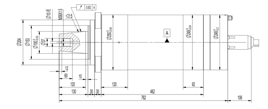 External grinding spindle 250MD06G32:Rotation seed,6000RPM Power,32Kw Torque,260Nm Voltage,380V Frequency,400Hz Current,83A Lubrication Grease  Cooling method Water