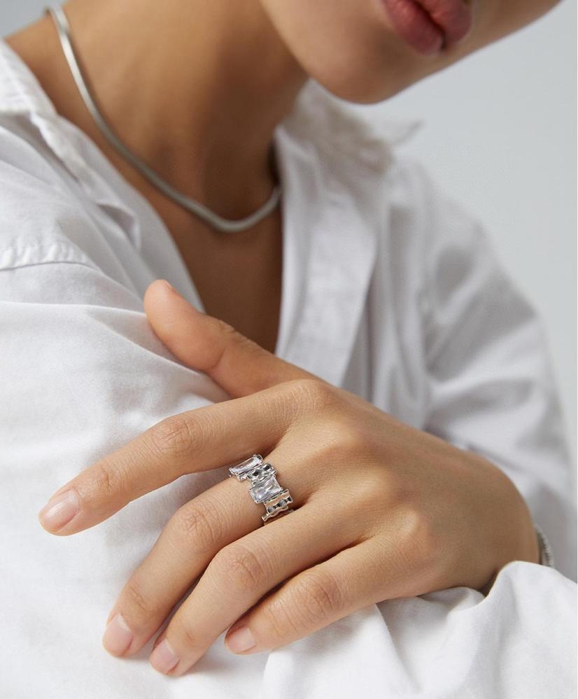 Sterling Silver Irregularly - Inlaid Zircon Ring