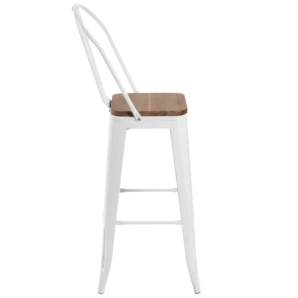Tolix high stool with high backrest and wooden seat