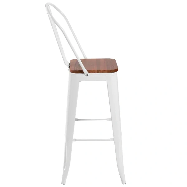 Tolix high stool with high backrest and wooden seat