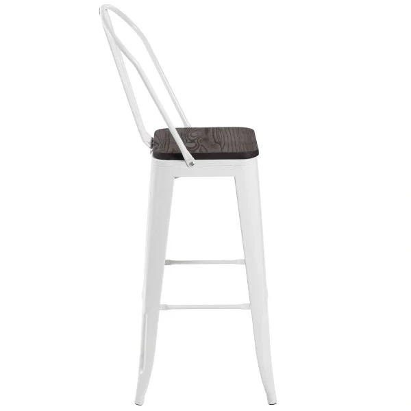 Tolix high stool with high backrest and wooden seat