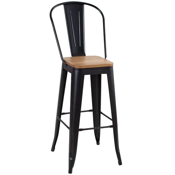 Tolix high stool with high backrest and wooden seat