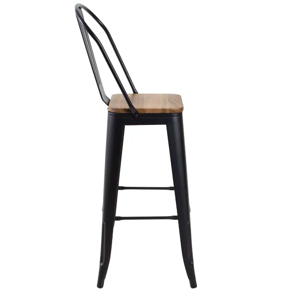 Tolix high stool with high backrest and wooden seat