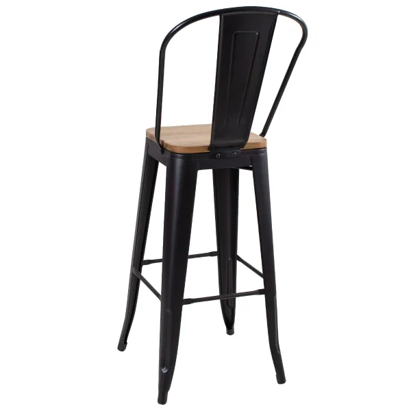 Tolix high stool with high backrest and wooden seat