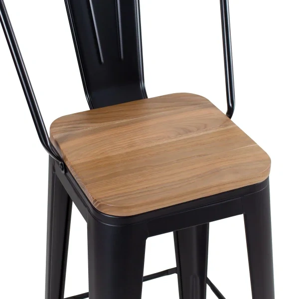 Tolix high stool with high backrest and wooden seat
