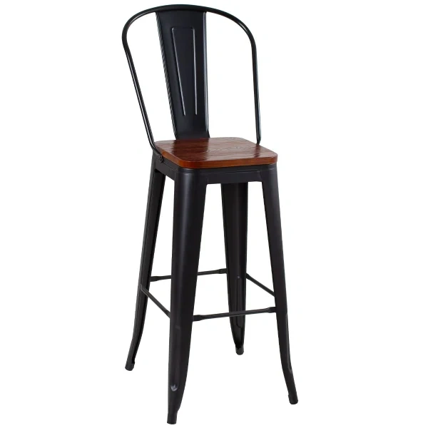 Tolix high stool with high backrest and wooden seat
