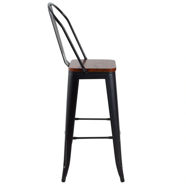 Tolix high stool with high backrest and wooden seat