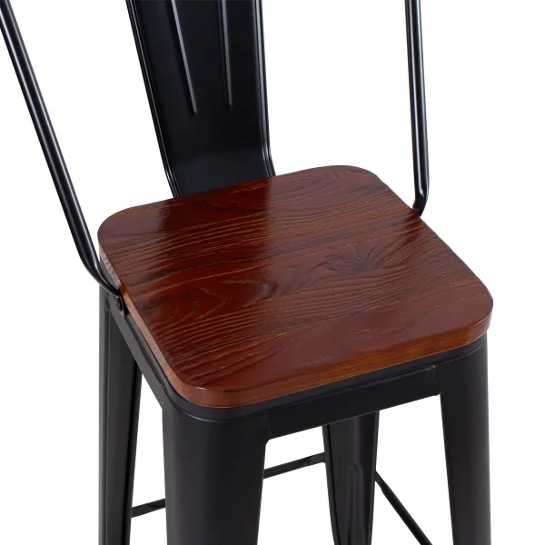 Tolix high stool with high backrest and wooden seat