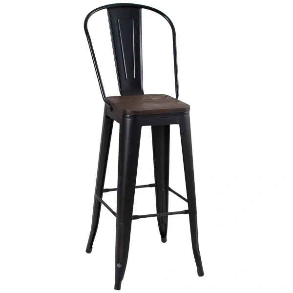 Tolix high stool with high backrest and wooden seat