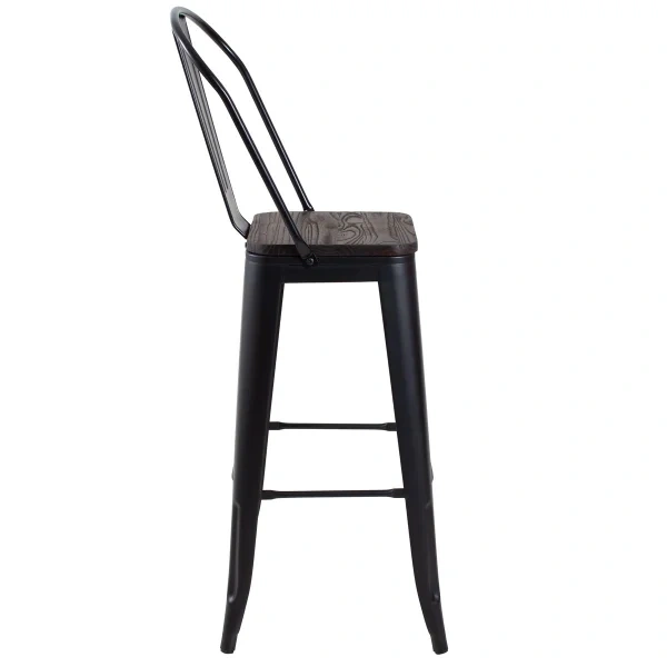 Tolix high stool with high backrest and wooden seat