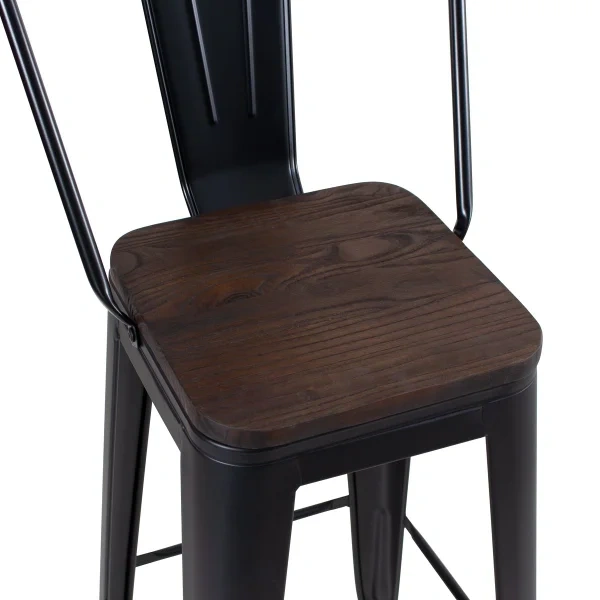 Tolix high stool with high backrest and wooden seat