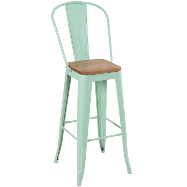 Tolix high stool with high backrest and wooden seat