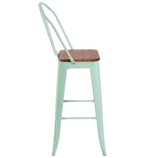Tolix high stool with high backrest and wooden seat