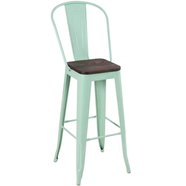 Tolix high stool with high backrest and wooden seat