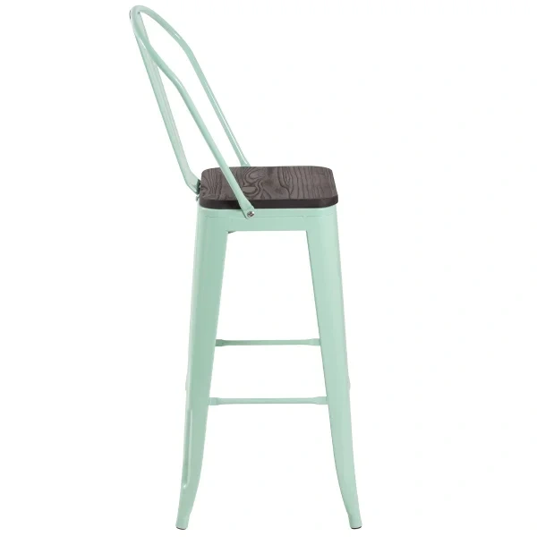 Tolix high stool with high backrest and wooden seat