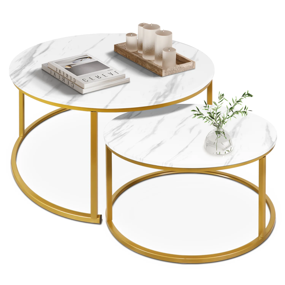 Modern Coffee Table Set of 2 Nesting Tables Marble Look Sofa End Side Tables