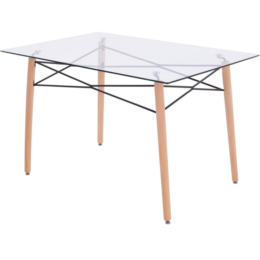 Rectangle Clear Glass Top Accent Dining Table with 4 Beech Metal Legs