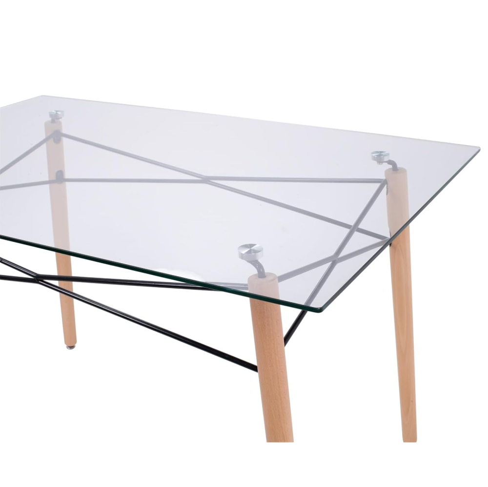 Rectangle Clear Glass Top Accent Dining Table with 4 Beech Metal Legs