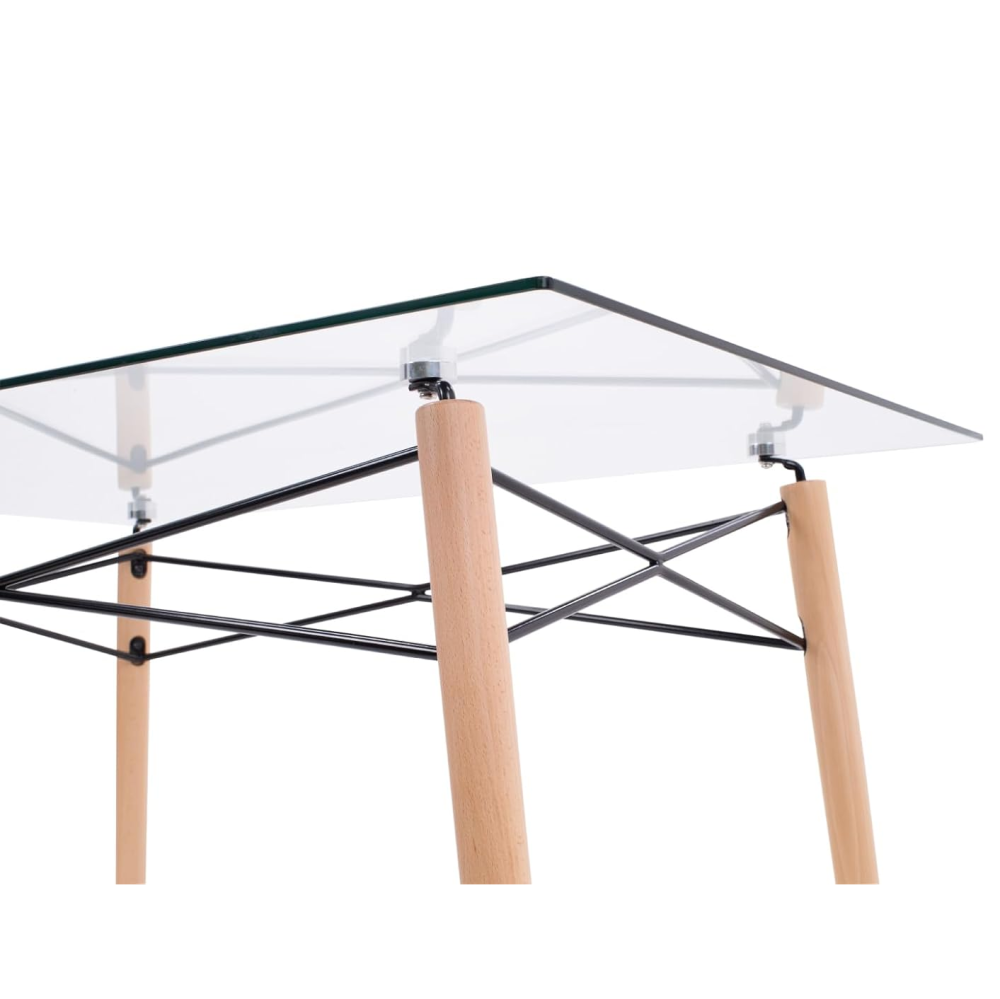 Rectangle Clear Glass Top Accent Dining Table with 4 Beech Metal Legs