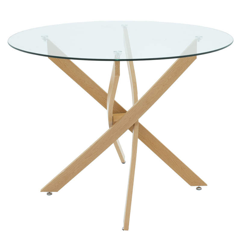 80cm diameter Glass Table With Natural Wood Color Metal Legs