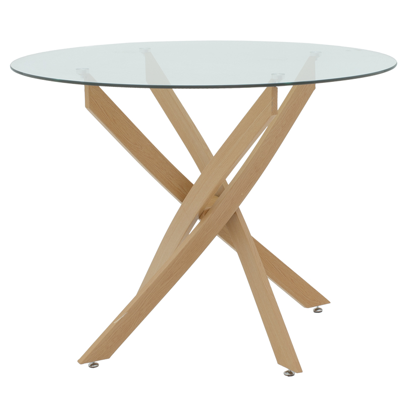 80cm diameter Glass Table With Natural Wood Color Metal Legs