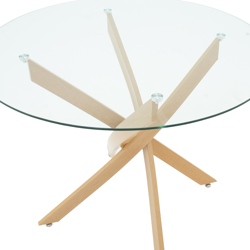 80cm diameter Glass Table With Natural Wood Color Metal Legs