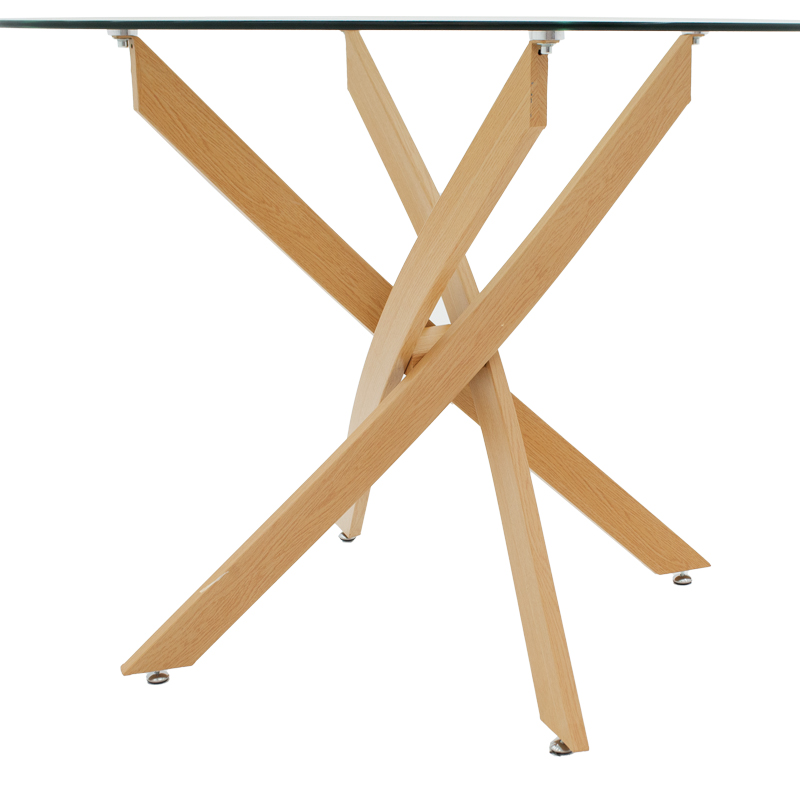 80cm diameter Glass Table With Natural Wood Color Metal Legs