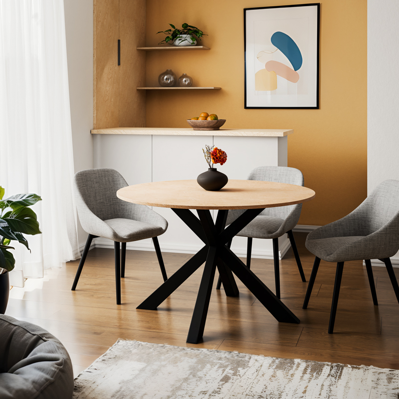 120cm diameter Wood Color MDF Table With Black Color Metal Legs