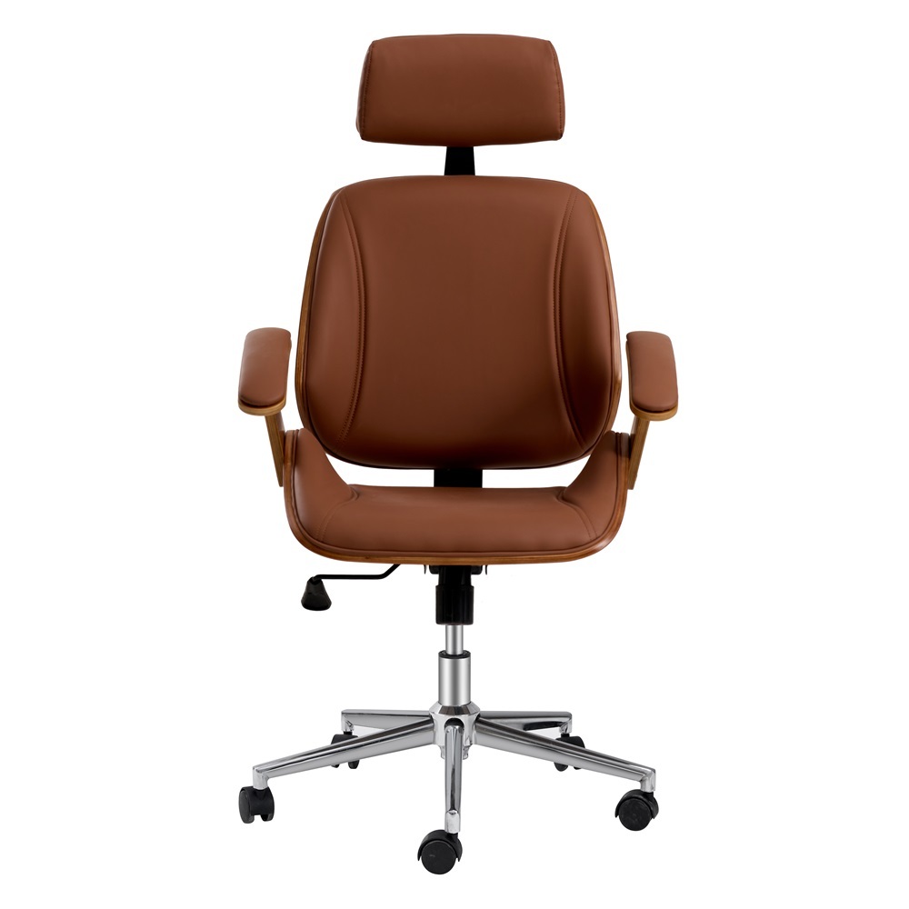 Brown Color Wood Office Chair With PU Leather Upholstered