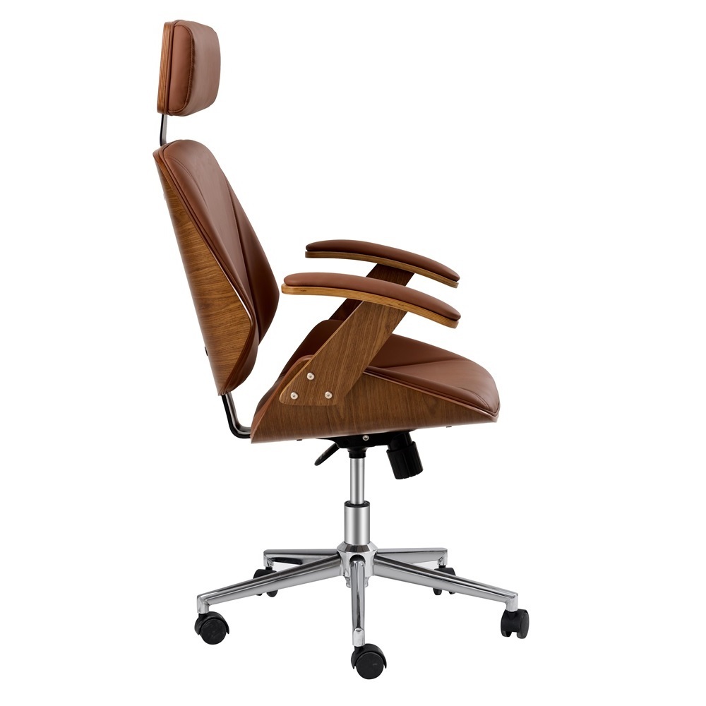 Brown Color Wood Office Chair With PU Leather Upholstered