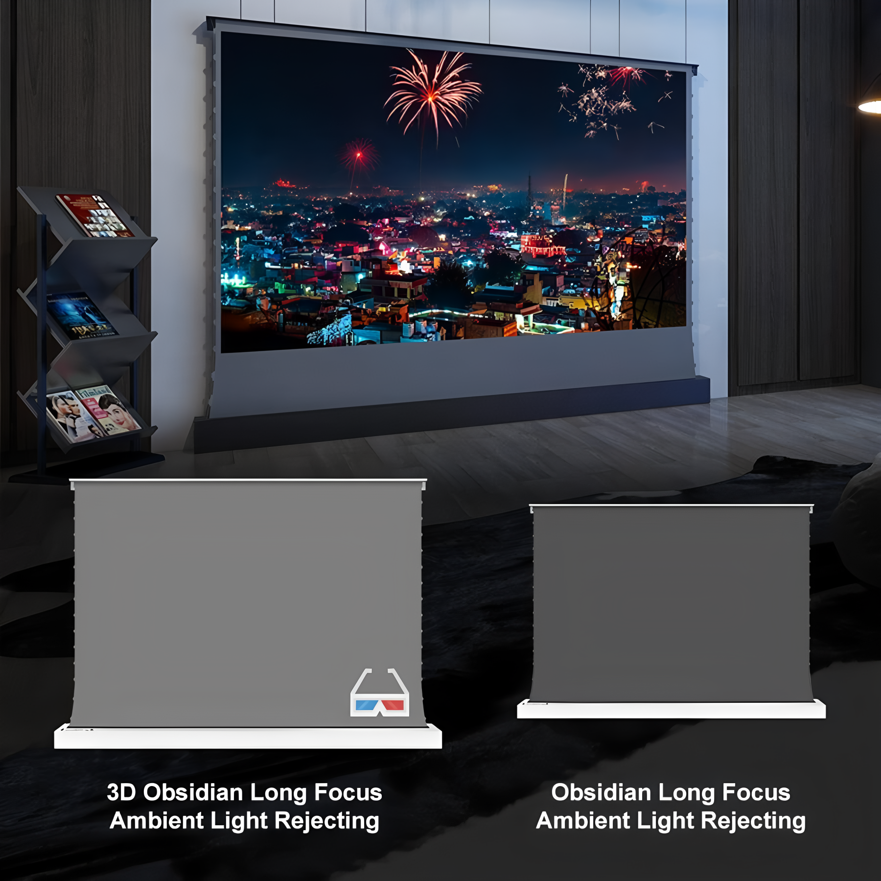 ALR Motorized Tension Floor Rising Obsidian Long Throw ALR Projector Screen