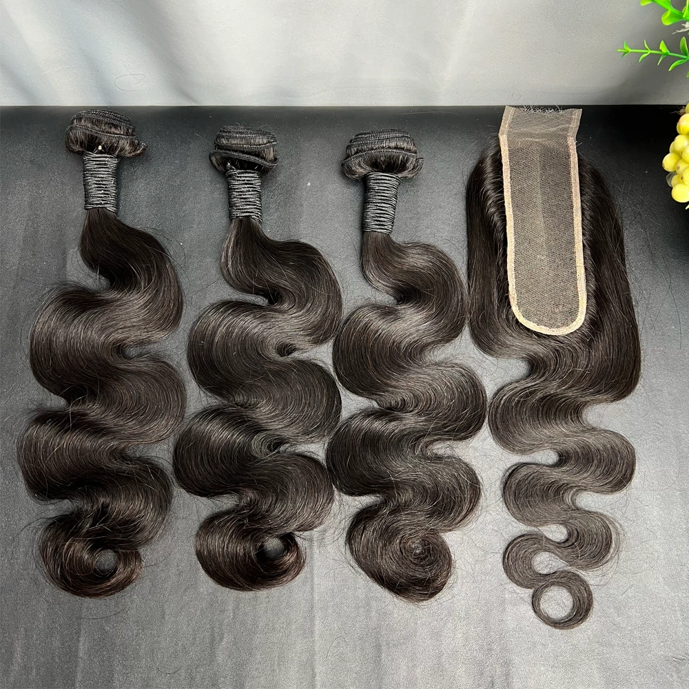 3 Pieces Virgin Hair Bundles With 2x6 Lace Closure Body Wave