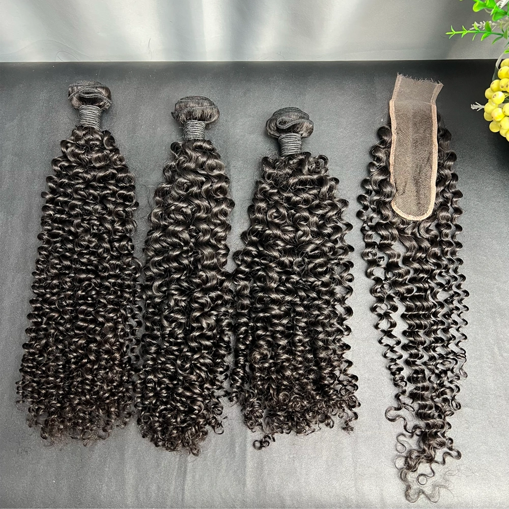 3 Pieces Virgin Hair Bundles With 2x6 Lace Closure Deep Curly