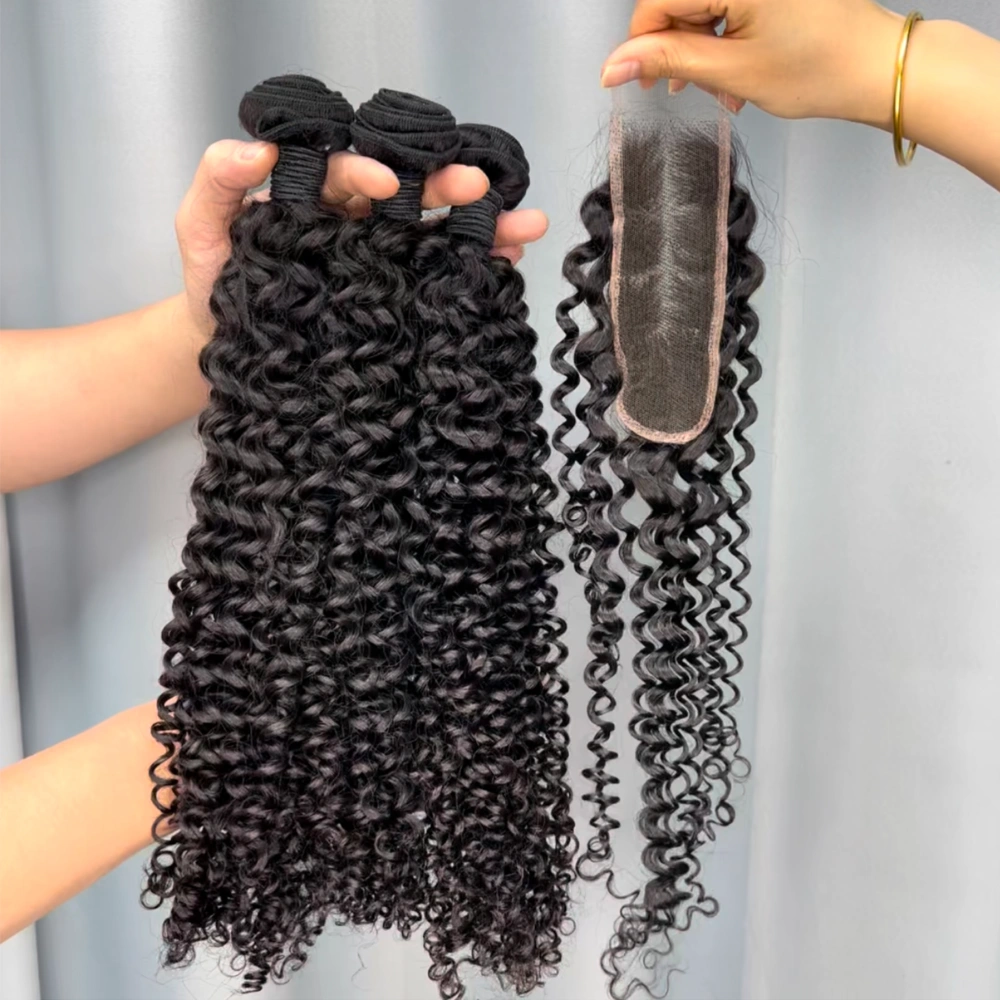 3 Pieces Virgin Hair Bundles With 2x6 Lace Closure Deep Curly