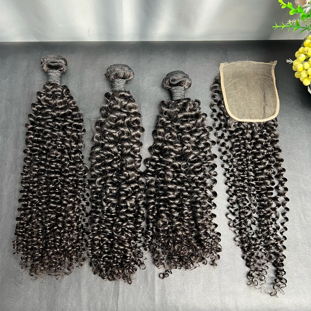 3 Pieces Virgin Hair Bundles With 4x4 Lace Closure Deep Curly