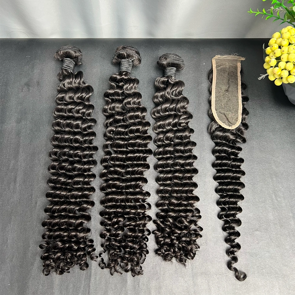 3 Pieces Virgin Hair Bundles With 2x6 Lace Closure Deep Wave