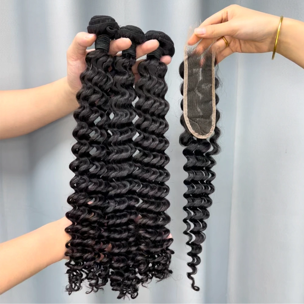 3 Pieces Virgin Hair Bundles With 2x6 Lace Closure Deep Wave