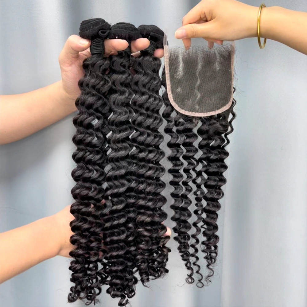 3 Pieces Virgin Hair Bundles With 4x4 Lace Closure Deep Wave