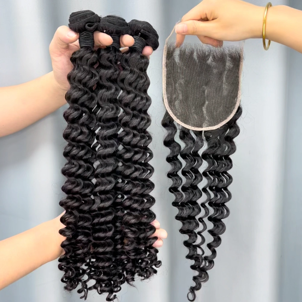 3 Pieces Virgin Hair Bundles With 5x5 Lace Closure Deep Wave