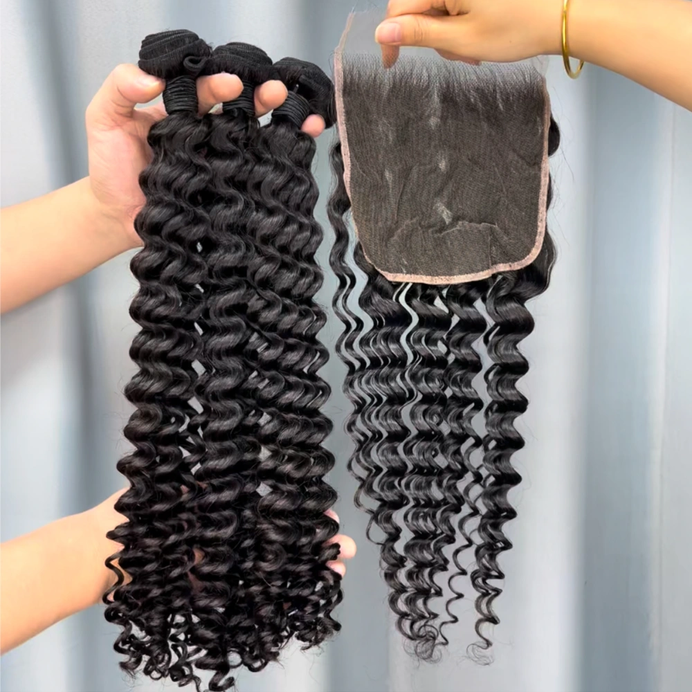 3 Pieces Virgin Hair Bundles With 6x6 Lace Closure Deep Wave