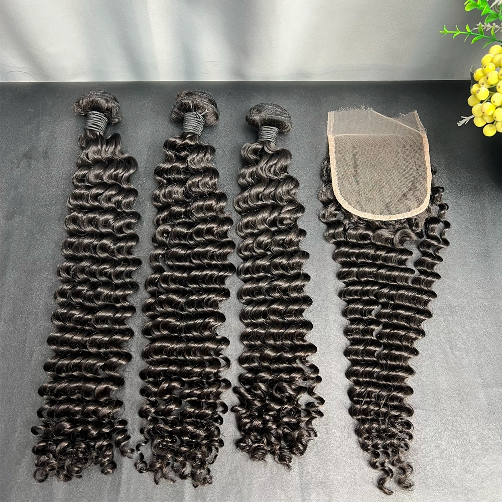 3 Pieces Virgin Hair Bundles With 4x4 Lace Closure Deep Wave