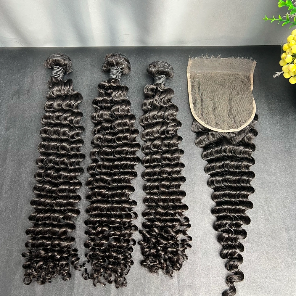 3 Pieces Virgin Hair Bundles With 5x5 Lace Closure Deep Wave