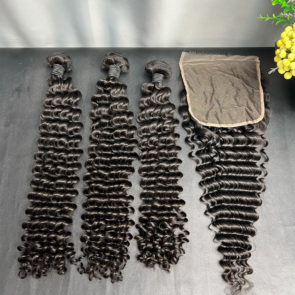 3 Pieces Virgin Hair Bundles With 6x6 Lace Closure Deep Wave