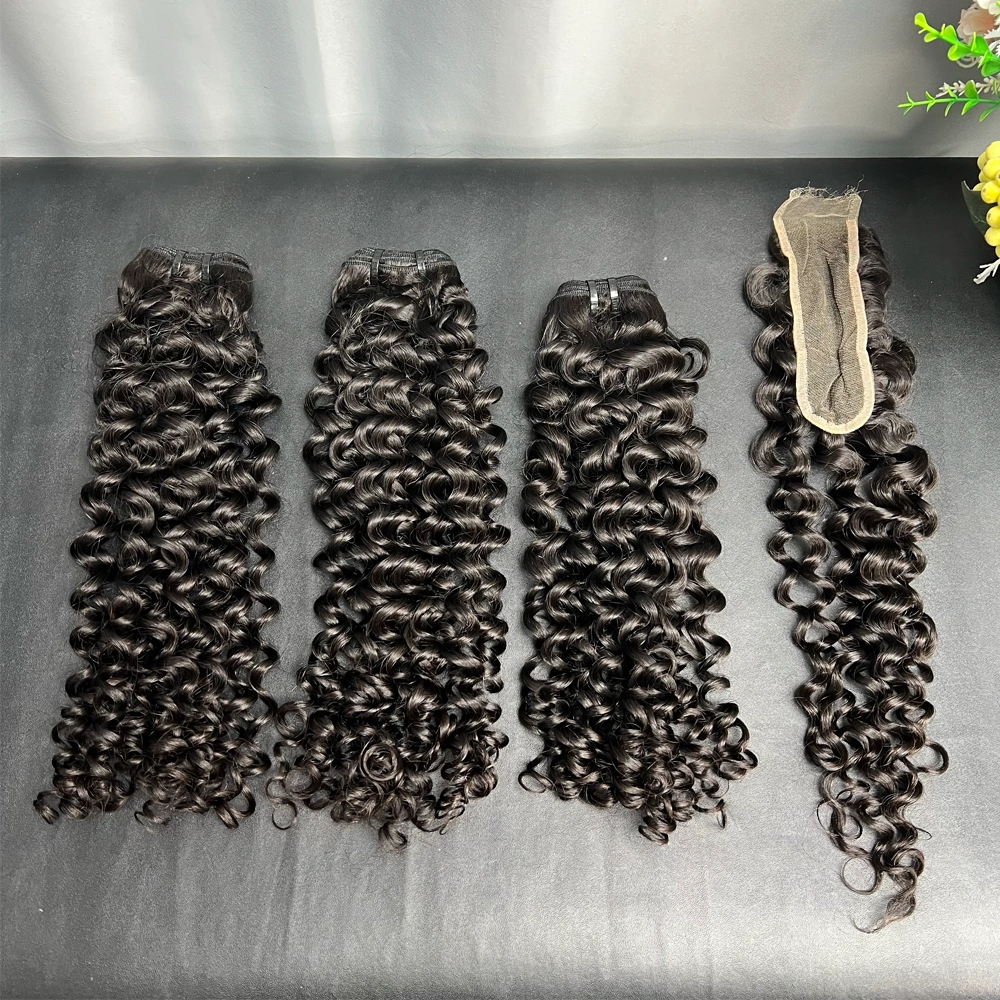 3 Pieces Virgin Hair Bundles With 2x6 Lace Closure Italian Curly